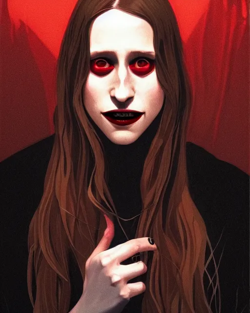 Prompt: in the style of Joshua Middleton, moody lighting, beautiful evil vampire Taissa Farmiga sharp bloody vampire fangs, evil smile showing fangs, symmetrical eyes, realistic face, symmetrical face, brown leather jacket, jeans, long black hair, full body, Rafael Albuquerque art