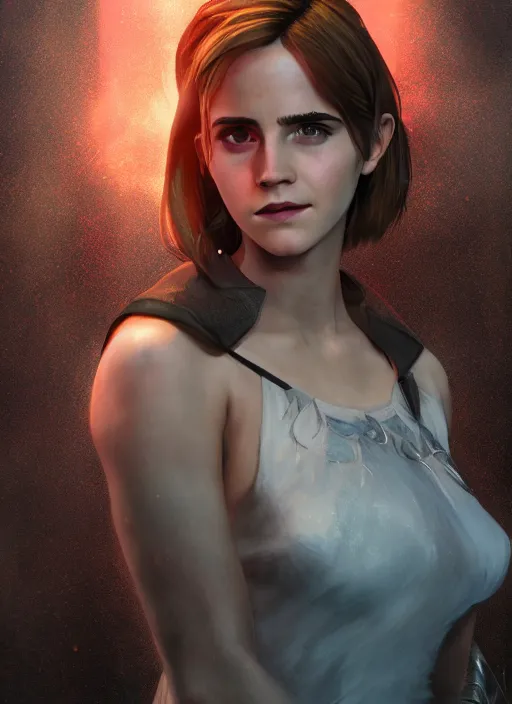 Prompt: A fantasy comic book style portrait painting of a emma watson, unreal 5, DAZ, hyperrealistic, octane render, cosplay, RPG portrait, dynamic lighting