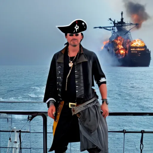 Prompt: a cool looking pirate, standing on the edge of the ship, big explosion on the background, in the style of terminator