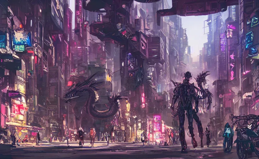 Image similar to A dragon in a cyberpunk city with cyborgs and humans looking in amazement, illustration, artstation, detailed