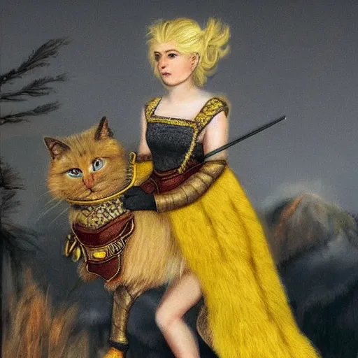 Prompt: blonde warrior princess riding a large yellow furry house cat, high detail,