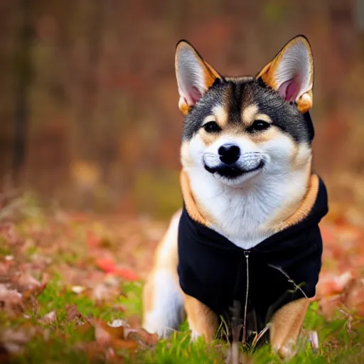 Image similar to ultra realistic Photogragraph from a Shib Inu wear a black hoodie