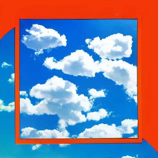 Prompt: camera pointed at the sky, bright blue sky, fluffy nice clouds, nostalgic album cover