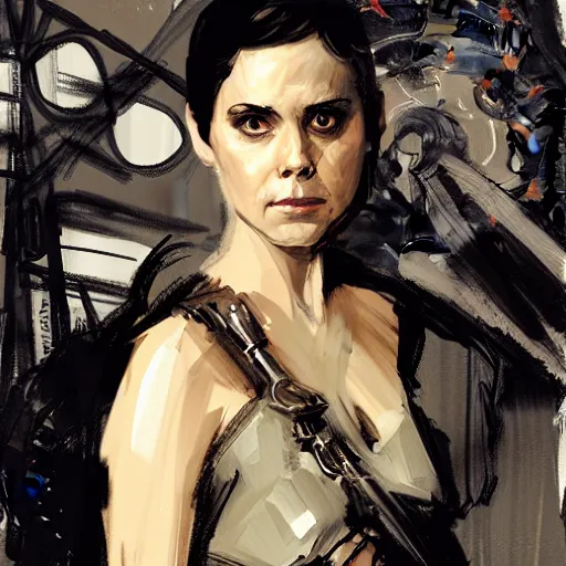 Image similar to alison brie as furiosa, intricate, elegant, highly detailed, greg manchess, mucha, liepke, ruan jia, jeffrey catherine jones, ridley scott