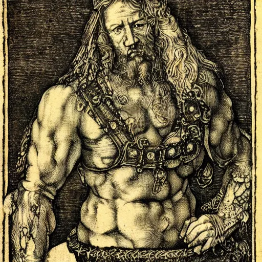 Prompt: albrecht durer woodcut portrait of a tattooed warrior celt man on a field