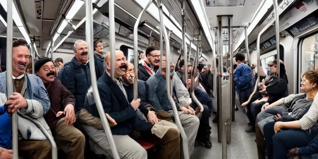 Prompt: a large stream of people in a subway car, there is a middle-aged man with a Hussar moustache, two people are standing to his right and laughing loudly. modern 4k 8k photorealistic highly detailed