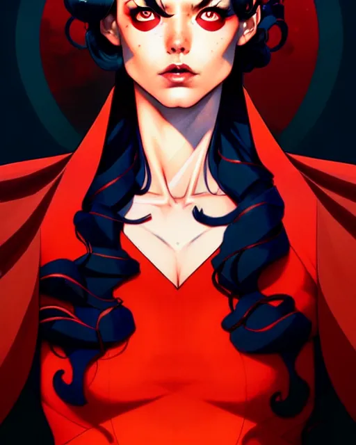 Prompt: artgerm, joshua middleton comic cover art, joanne calderwood, red dress, symmetrical eyes, symmetrical face, long curly black hair, dark castle background background, cinematic lighting