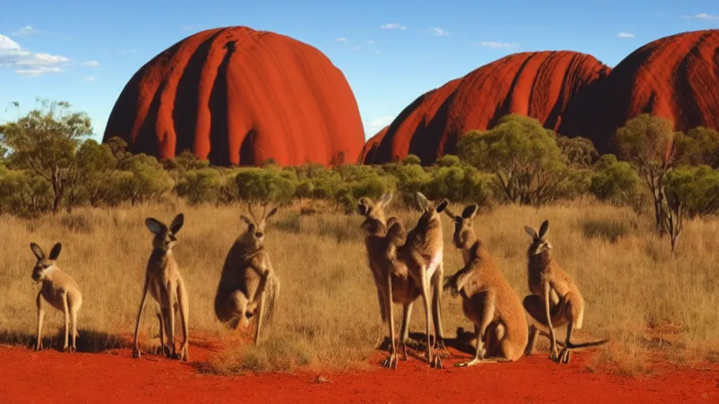 Image similar to australia, outback, uluru, kangaroos, anime style