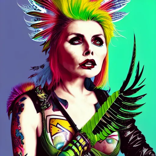 Image similar to portrait of debbie harry as a punk woman with green mohawk, neotraditional tattoos, fishnets, long tartan skirt as phoenix queen, feathers, wings, rainbow clothes,, sci - fi, intricate and very very beautiful and elegant, highly detailed, digital painting, artstation, smooth and sharp focus, illustration, art by tian zi and wlop and alphonse mucha