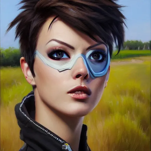 Image similar to oil painting of tracer overwatch in a field, in style of mark arian, expressive face, very detailed face, wearing large detailed black collar, very detailed eyes, full body, feminine face, detailed makeup on eyes,