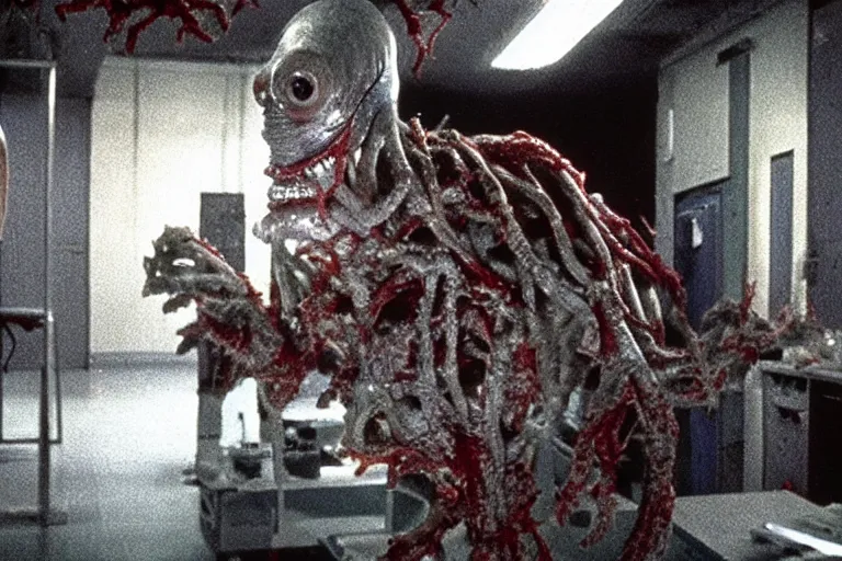 Prompt: scary filmic wide shot color ground level angle movie still 35mm film photograph of the full body of a horrific disgusting disturbing dangerous shape shifting abstract alien organism from The Thing 1982 inside a lab, in the style of nature documentary footage