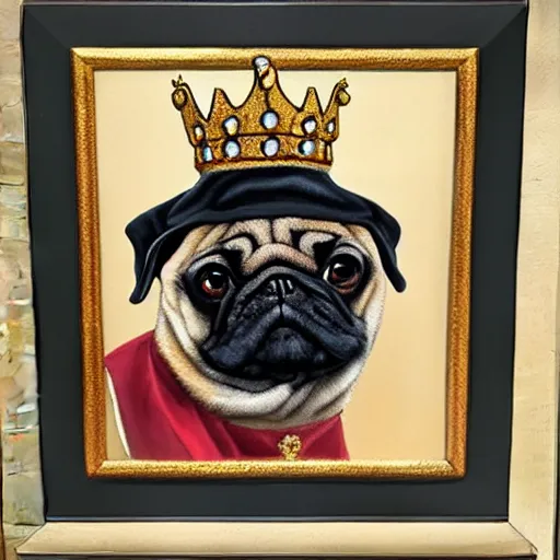 Prompt: regal pug in kings clothing and crown, oil painting, framed