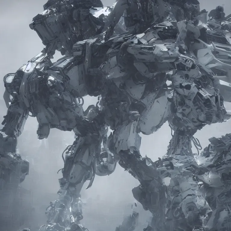 Prompt: white machine feathers flowing surrounding full body armored core, massive machine wing and machine feathers flowing, swirling, rotating, spinning, interwoven white azure full body armored core mech, cinematic still, dark atmosphere, smog, in the flow of time, slow motion, endoskeleton, post processing, vray render, ultra detailed, trending on artstation, 8 k,