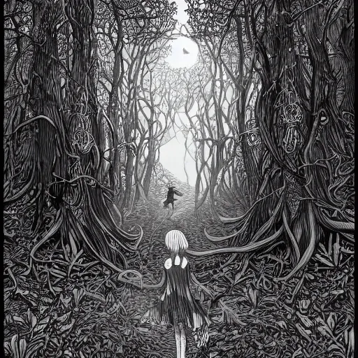 Prompt: a ultra detailed line art illustration of a red + haired + girl wandering alone in a mysterious forest, by thomke meyer and julia plath, intricate, fantasy, hyperdetailed