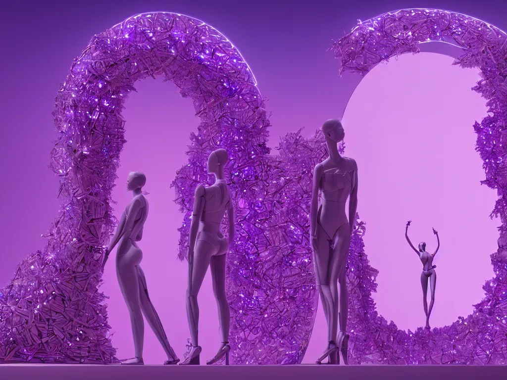 Image similar to beautiful mannequin sculpted out of amethyst by billelis + lit with 3 d geometric neon + facing a doorway opening with neon pink geometric fractal light + flowering hosta plants!!!, moon + city of los angeles in background!! dramatic, rule of thirds, award winning, 4 k, trending on artstation, photorealistic, volumetric lighting, octane render