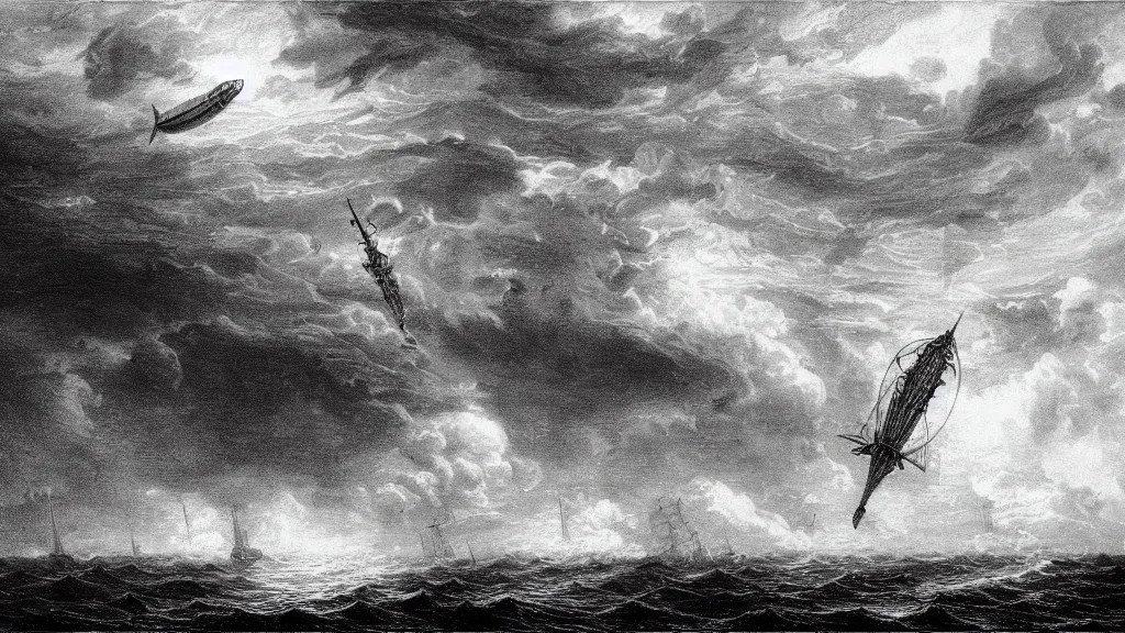 Image similar to drawing of one giant steampunk zeppelin flying above a stormy ocean, by gustave dore, nineteenth century, black and white, vintage, science fiction, epic composition, dramatic lighting, highly detailed, cinematic