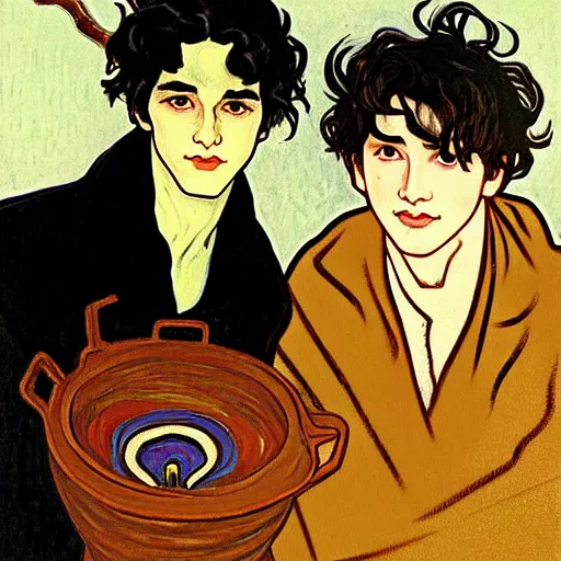 Image similar to painting of young cute handsome beautiful dark medium wavy hair man in his 2 0 s named shadow taehyung and cute handsome beautiful min - jun together at the halloween party, bubbling cauldron, candles, smoke, tarot, autumn colors, elegant, stylized, soft facial features, delicate facial features, art by alphonse mucha, vincent van gogh, egon schiele