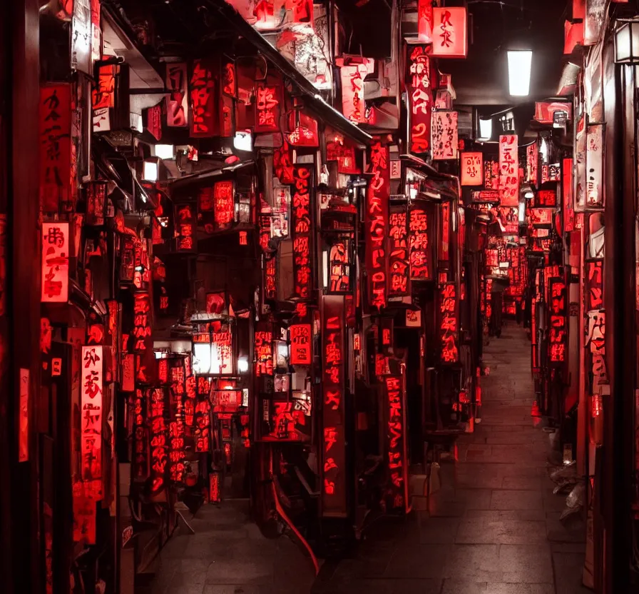 Image similar to spooky photo of a dark infinite hallway of a japanese izakaya with open lit doorways all the way down, dramatic lighting, smoke, ceiling fluorescent lighting, black and red colour palette