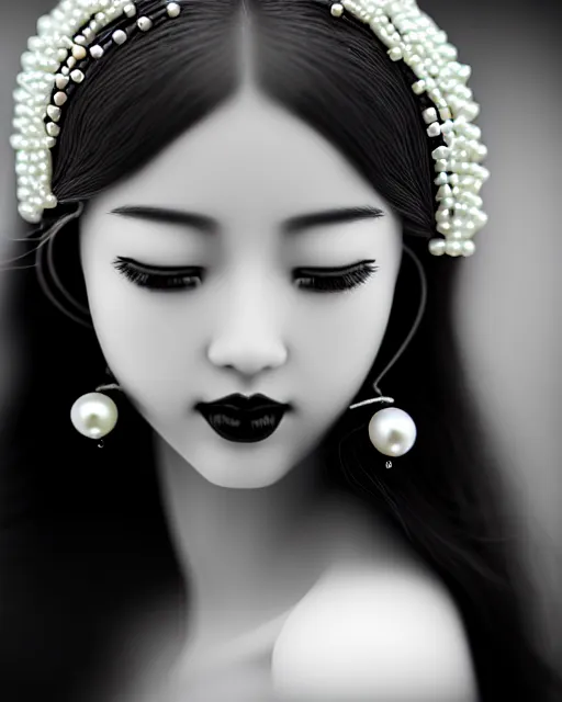 Image similar to black and white dreamy young beautiful female artificial intelligence, ornament very small pearls in the face, long hair are intricate with highly detailed small pearls, cinematic, rim light, bokeh, photo - realistic, elegant, high detail, 8 k, masterpiece, photo taken in 1 9 3 0