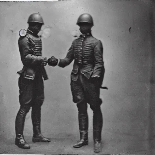 Prompt: grainy 1800s photo of a cybernetic soldier in a city shaking hands with a human