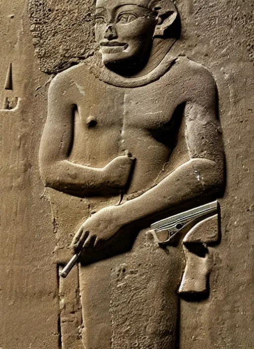 Prompt: a very worn out ancient egyptian relief of a man holding a bolt action rifle, award winning photo