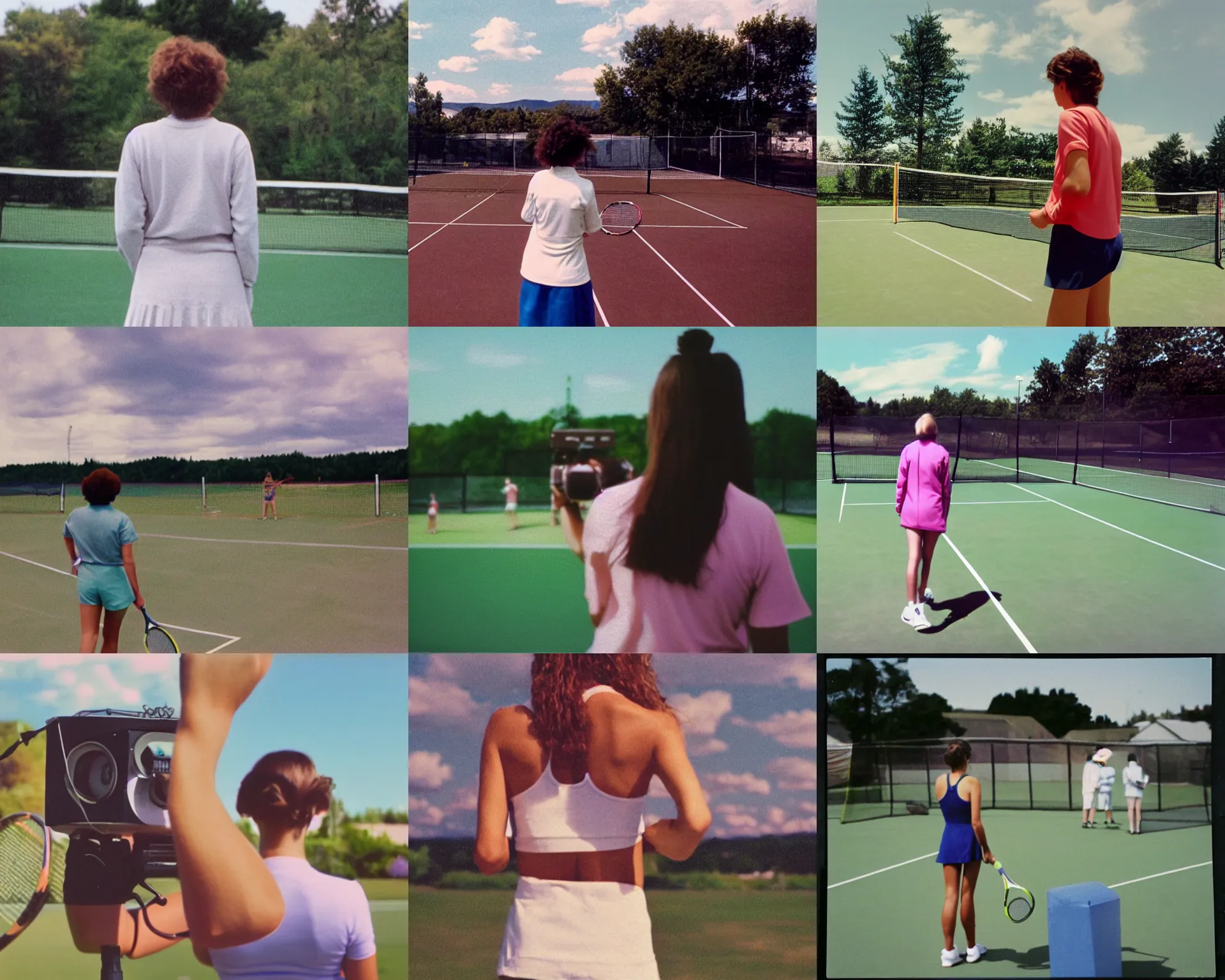 Prompt: home video footage, view from behind, a woman in tennis wear, sky, sun ; tennis coat, summer, color vhs picture quality with mixed noise