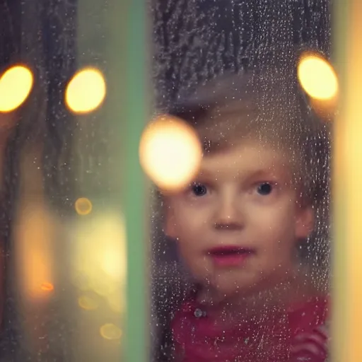 Image similar to a children photographed through a rainy window, bokeh, cinematic light, candles,