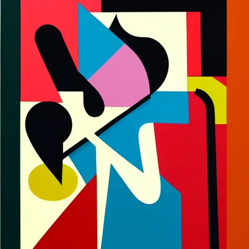 Image similar to portrait of a person playing trumpet, abstract painting in the style of Sophie Taeuber-Arp and Gary Hume and Tatsuro Kiuchi, flat colour-block style, geometric abstraction, dark colours