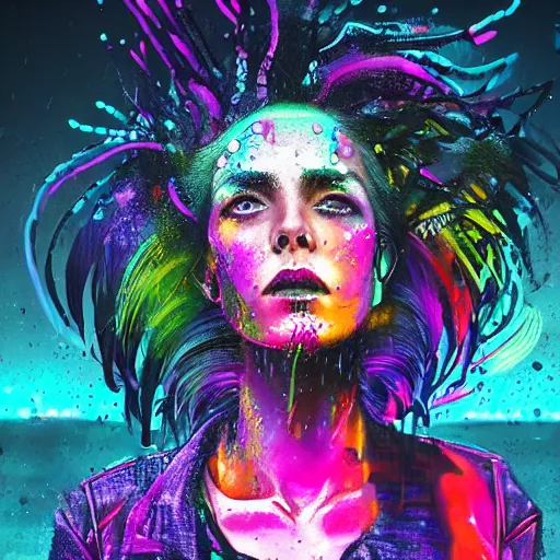 Prompt: splashes of neon galaxies, mowhawk, punk women portrait made out of paint with rain in the background, trending on artstation, epic composition, emotional, beautiful, rendered in octane, highly detailed, realistic, tim burton comic book art, sharp focus, matte painting, unreal engine