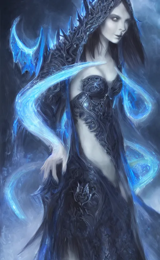 Prompt: Gothic elf princess in dark and blue dragon armor. By Konstantin Razumov, Fractal flame, chiaroscuro, holographic!!!, highly detailded