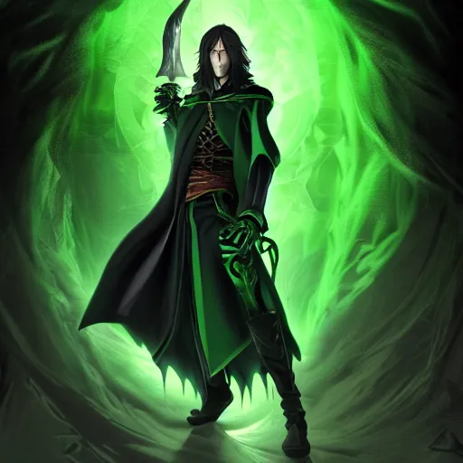 Image similar to Warlock, wearing dark green robes, controlling shadows, digital painting, D&D, highly detailed, 4k, sharp, smooth, castlevania anime