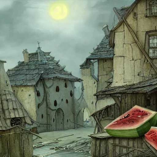 Prompt: watermelon, a detailed matte painting by anton pieck, deviantart contest winner, fantasy art, concept art, official art, matte drawing