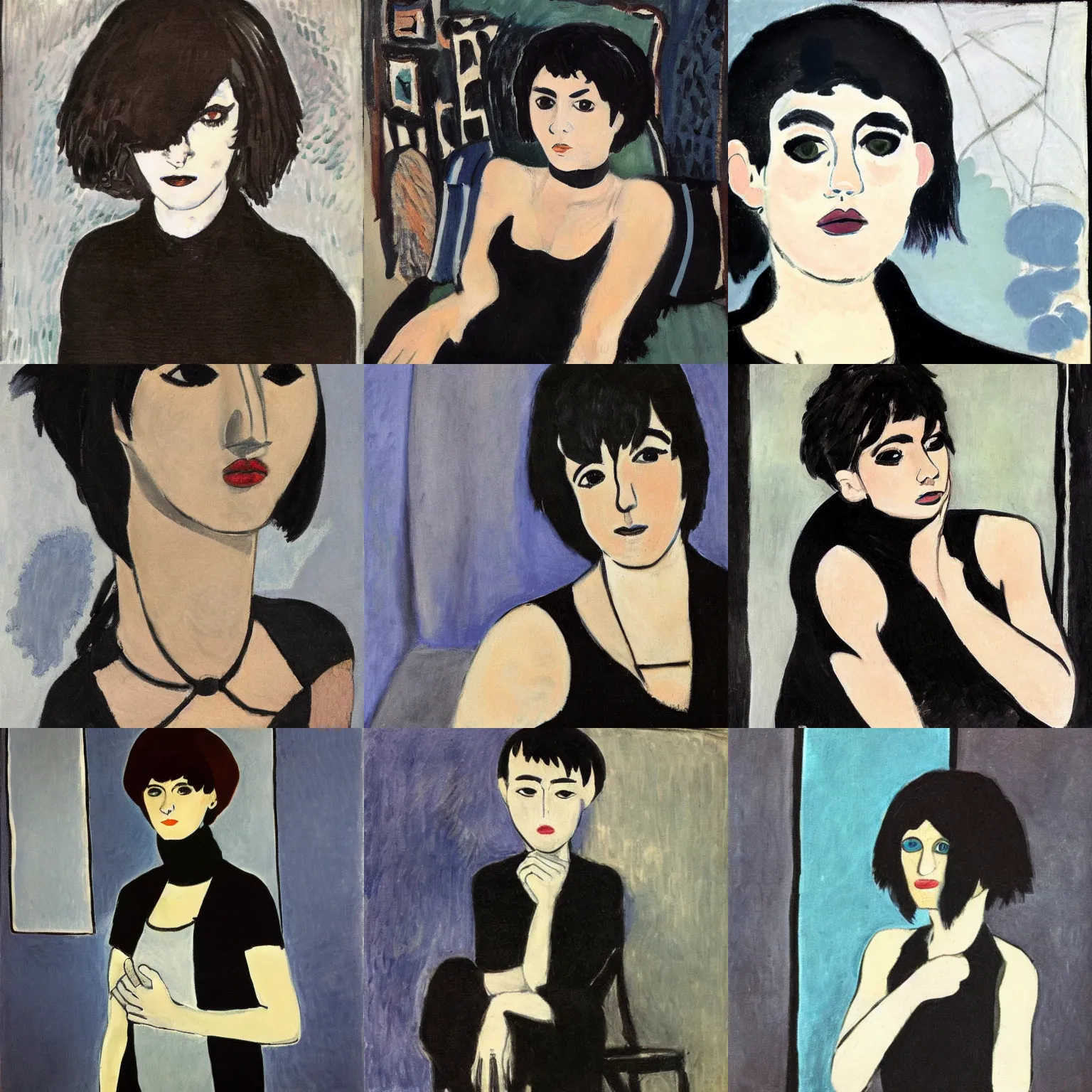 Prompt: an emo portrait painted by henri matisse. her hair is dark brown and cut into a short, messy pixie cut. she has large entirely - black evil eyes. she is wearing a black tank top, a black leather jacket, a black knee - length skirt, a black choker, and black leather boots.