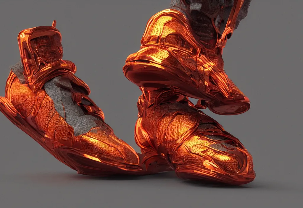 Prompt: futuristic sneaker with neon illuminated rubber soles and soft orange laces on a grey surface, clean 3 d render, beautiful studio lighting, soft, sharp focus, cyberpunk, intricate detail, gold and red filigree, soft rubber, octane render, trending on artstation, deviantart, art by iris van herpen and syd mead and mucha