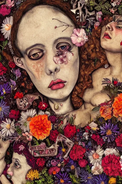 Prompt: a woman laying ing on a bed of flowers and bones, large eyes and lips, HD Mixed media collage, depth of field, highly detailed and intricate, surreal illustration in the style of Caravaggio and Egon Schiele, baroque dark art