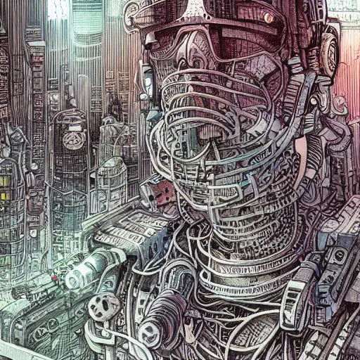 Prompt: machine lace, intricate watercolor cyberpunk illustration by tim doyle