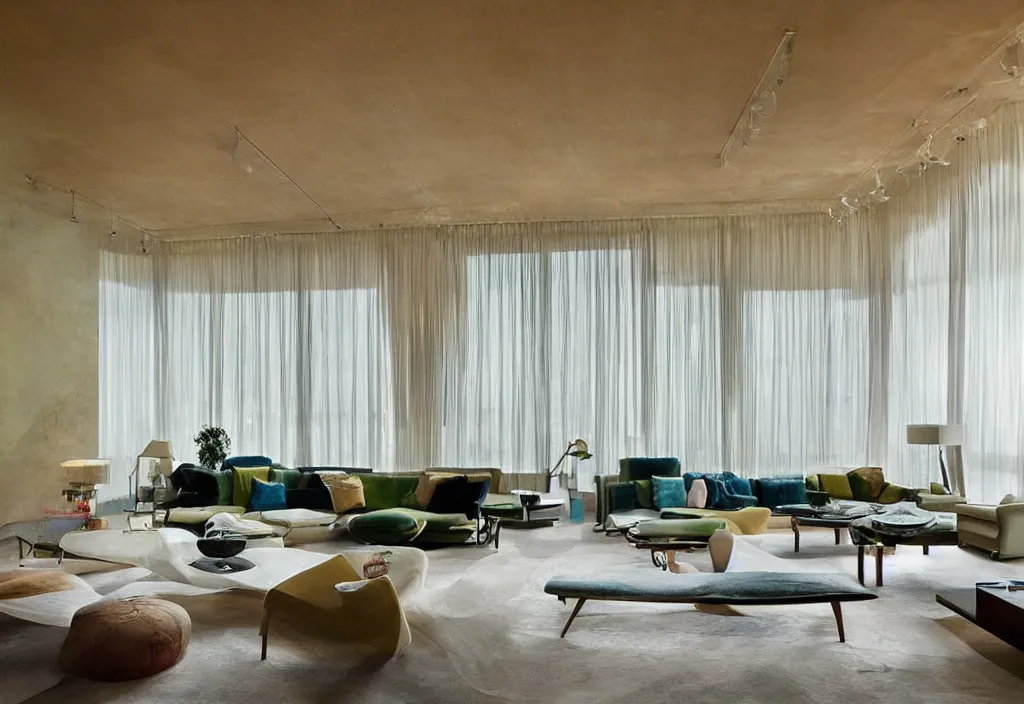 Image similar to a living room, modern interior design, residential design, floor - to - ceiling windows, by india mahdavi, trending ，