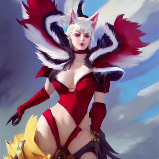 Image similar to greg manchess portrait painting of ahri from league of legends as overwatch character, medium shot, asymmetrical, profile picture, ambient occlusion, organic painting, sunny day, matte painting, bold shapes, hard edges, street art, trending on artstation, by huang guangjian, gil elvgren, ruan jia, greg rutkowski, gaston bussiere