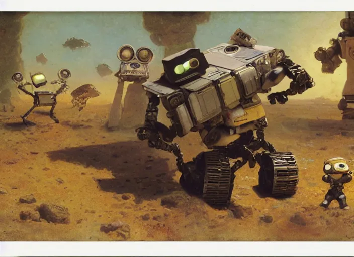 Prompt: polaroid movie still of wall - e on the planet pluto dancing with eva and their robot offspring, artwork by gaston bussiere, craig mullins