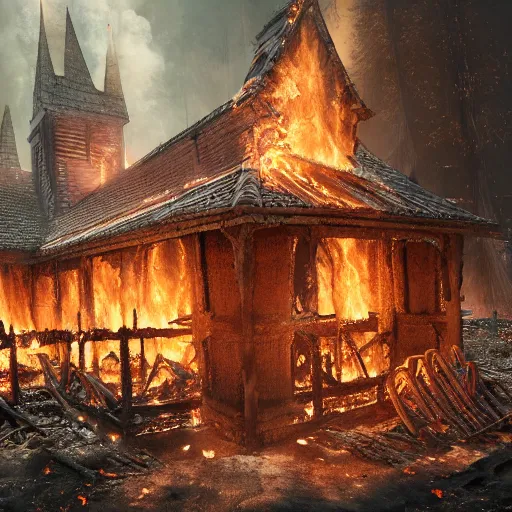 Image similar to hyperrealistic photograph of the norway wood churches burned to the ground, fire, giant bones, skeletons, dim volumetric lighting, octane beautifully detailed render, extremely hyper detailed, intricate, epic composition, cinematic lighting, masterpiece, trending on artstation, very detailed, stunning, hdr, smooth, sharp focus, high resolution, award, winning photo