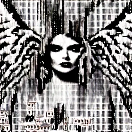 Prompt: vhs static overlay of angel apparition, money falling like confetti, vhs, 1 9 9 0, highly realistic, highly detailed, vhs noise static, black and white, vhs glitch