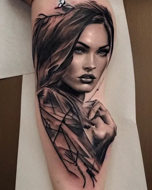 Image similar to double exposure effect tattoo design sketch of megan fox with amazing mountain scenery, realism tattoo, in the style of den yakovlev, amazing detail, sharp