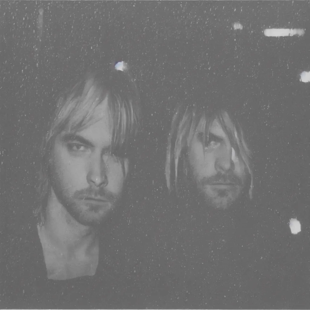 Image similar to a polaroid of ( kurt cobain ) in seattle, raining! nighttime