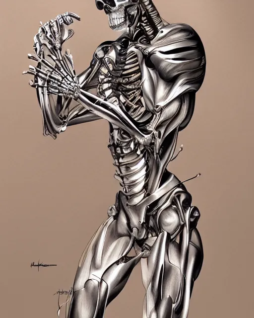 Image similar to ultra realistic illustration, male skeleton, chromed, sci - fi, fantasy, intricate, elegant, highly detailed, digital painting, artstation, concept art, smooth, sharp focus, illustration, art by hajime sorayama!!!