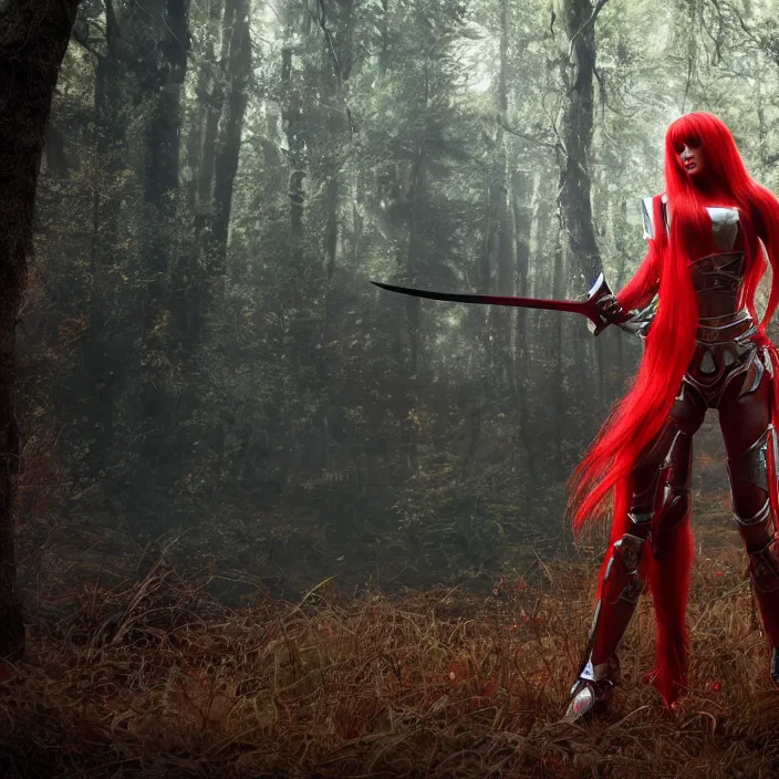 Prompt: a girl with long red hair wearing a red plate armor and hding a big red sword in a forest, 3d render, octane render, unreal engine 5, 8k hdr, hyperrealistic, highly detailed, high quality, concept art, trending on Artstation, fantasy armor