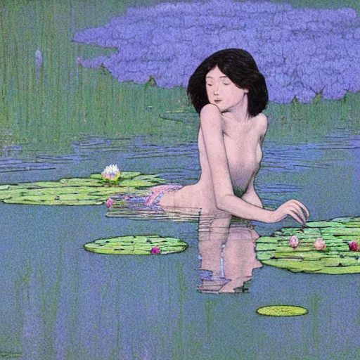 Image similar to A girl bathes in a lake where water lilies are floating, art by moebius, High definition, detailed,