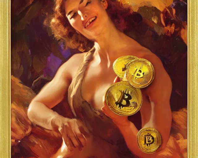 Image similar to attractive woman holding a golden bitcoin, commercial by annie liebovitz, gaston bussiere, craig mullins, j. c. leyendecker