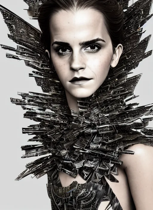 Prompt: expressive full body photo of emma watson, headpiece made from water, dress made of steel blades, glamour shot, by karol bak, stefan gesell, photorealistic, canon, fashion photography, hyper maximalist, elegant, ornate, luxury, elite, environmental portrait, symmetrical features, octane render, unreal engine, solid dark grey background, dramatic lights