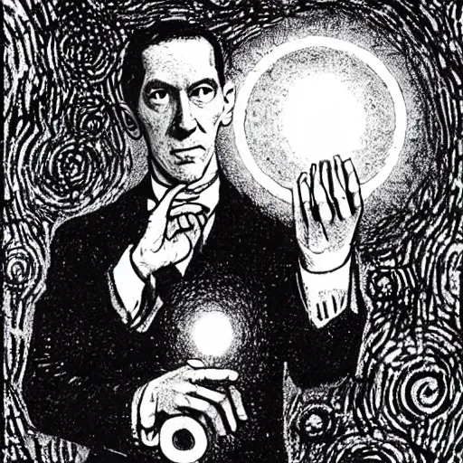 Prompt: h p lovecraft holding up an glowing orb of malice, it radiates dark, eldritch energy, detailed in the style of vincent van gogh