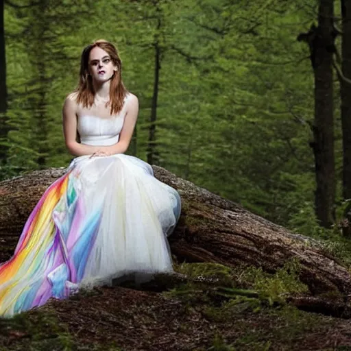 Image similar to photo of emma watson wearing a rainbow wedding gown sitting in a forest